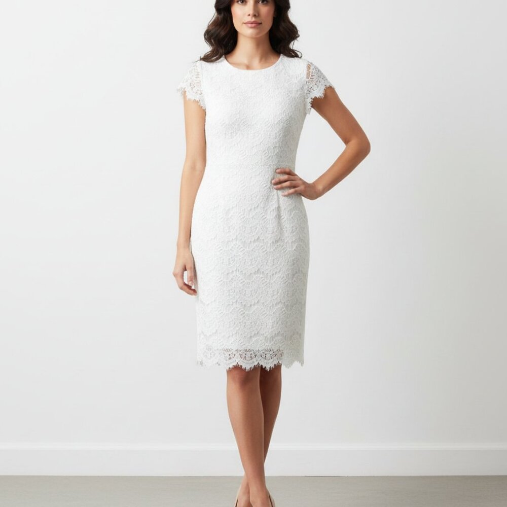 Preston & York 12 Women's Dress White Lace SS Sheath Cottage Wedding‎ Career Mod
